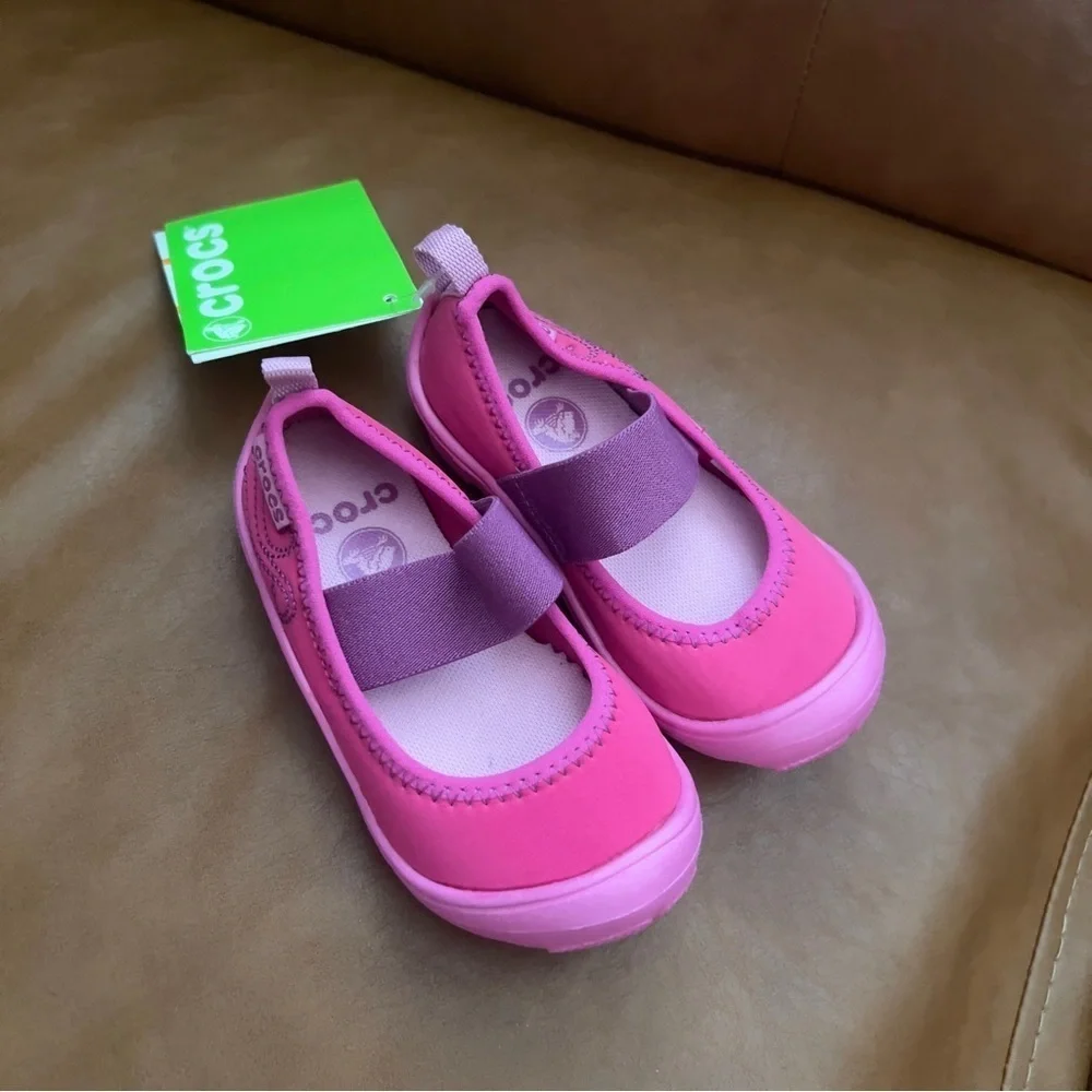 CROCS Shoes Kids Girl's Sz 7 Pink Mary Jane Water Swim Strap NonSlip Sole NWT